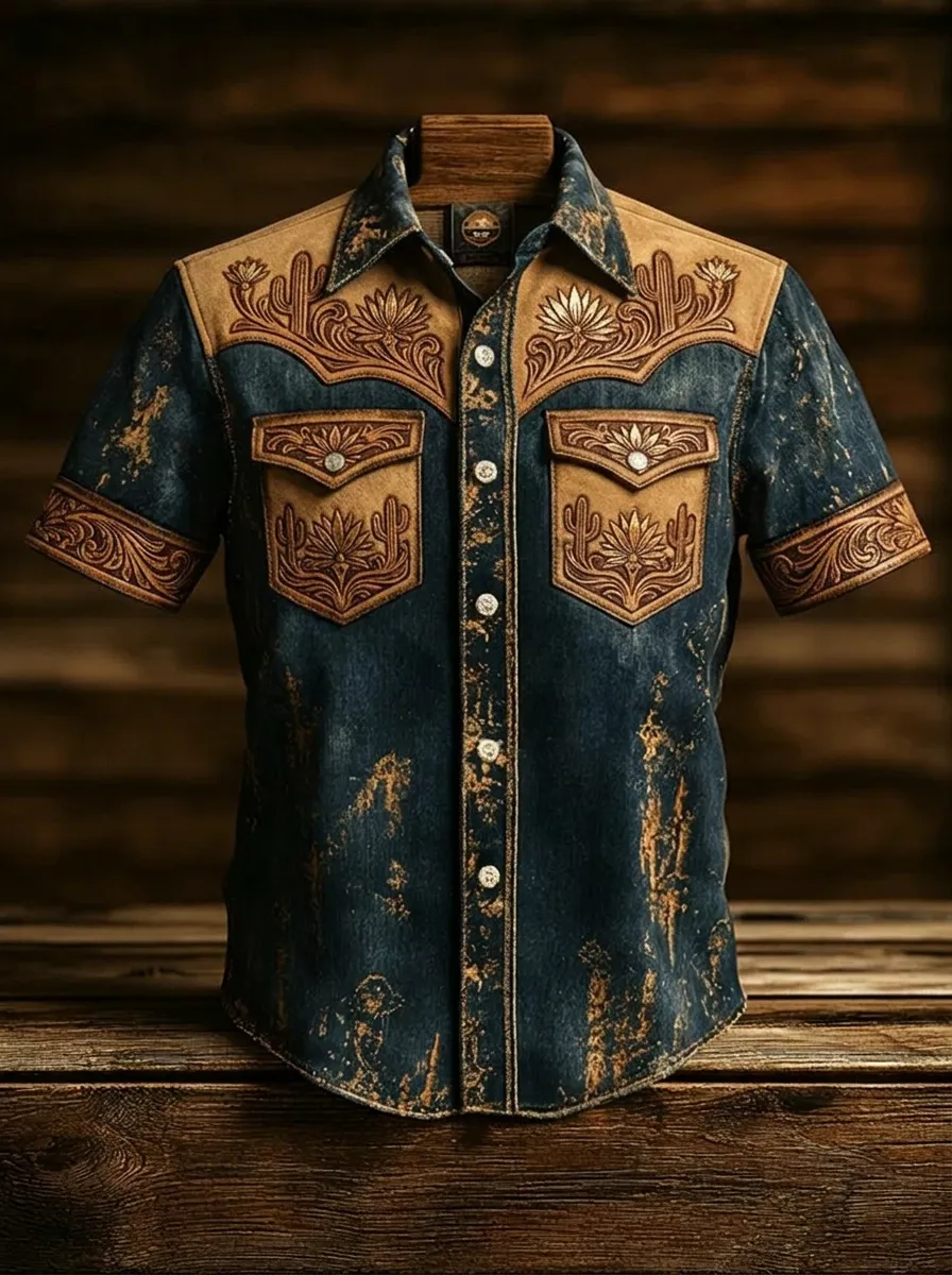 Men's Western Cowboy Cactus Floral Tooled Leather Print Shirt
