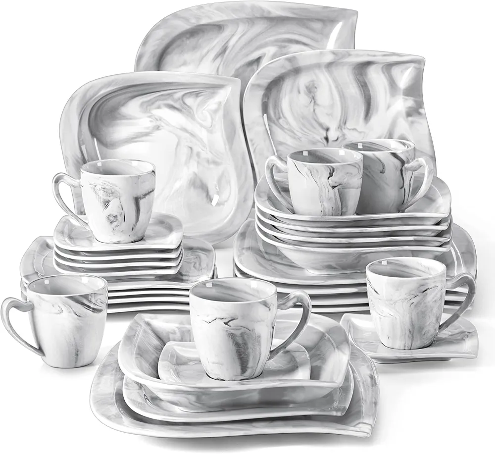 MALACASA Dish Set for 12, 60 Piece Marble Grey Square Dinnerware Sets, Porcelain Dinner Set with Plates and Bowls Sets, Cups and Saucers, Dishware Sets Kitchen Dishes Microwave Safe, Series Blance