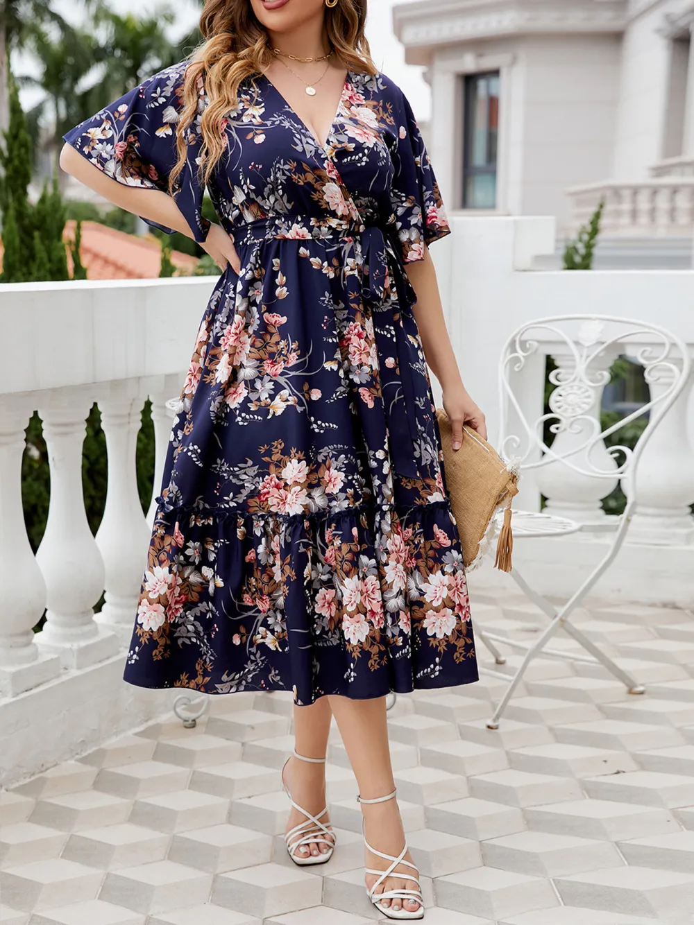 V Neck Navy Blue Printed Oversized Dress