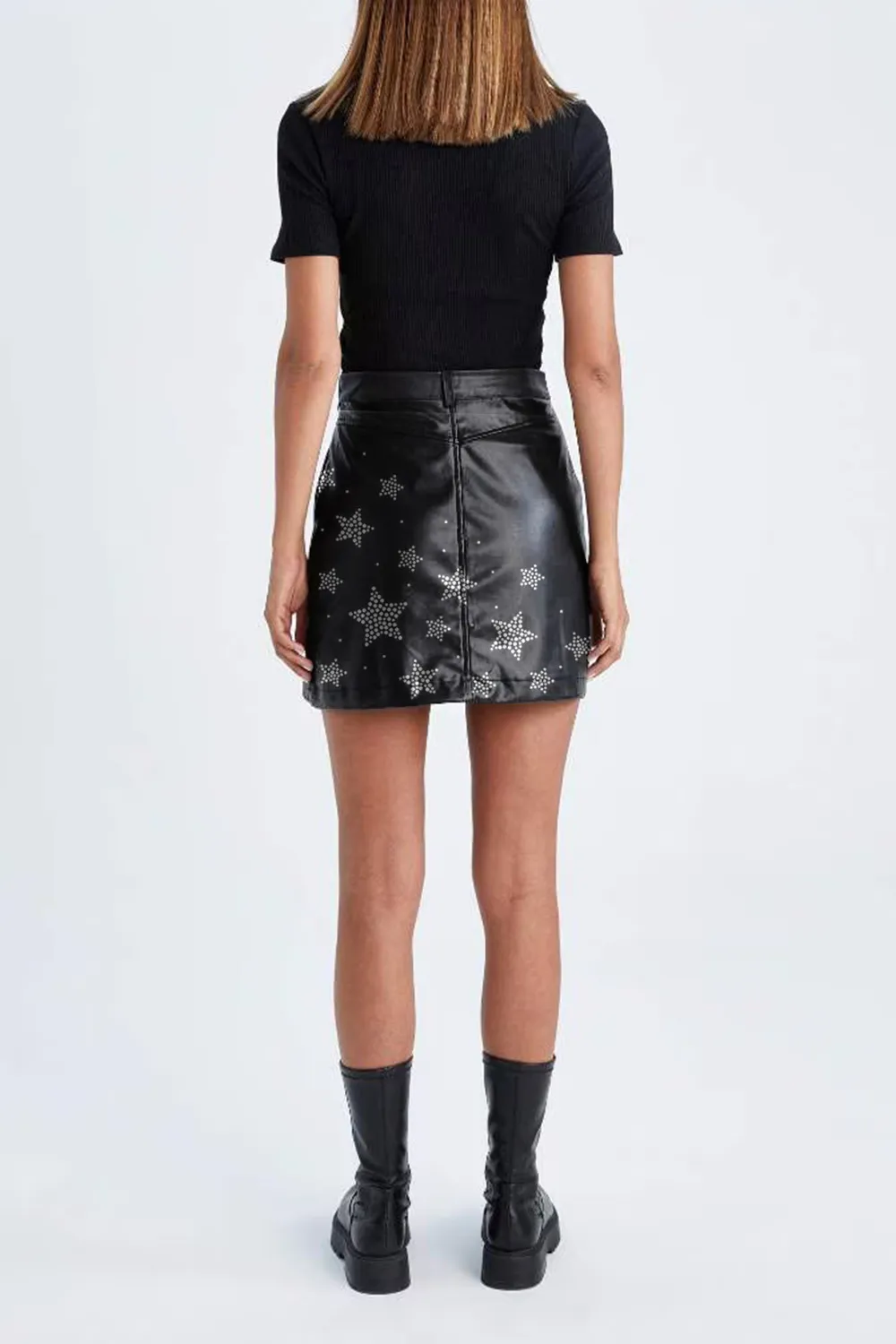 Star Embellished Faux Leather Mini Skirt