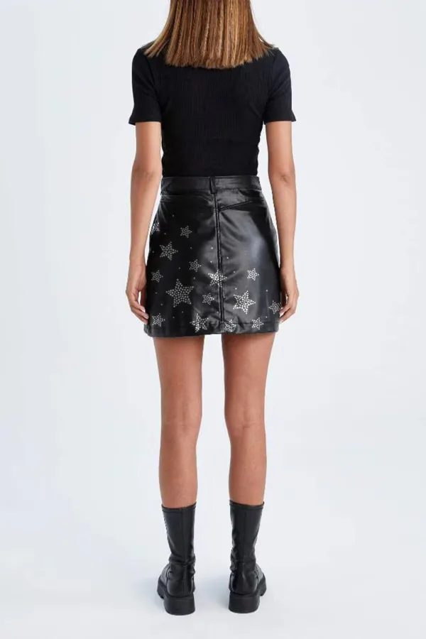 Star Embellished Faux Leather Mini Skirt