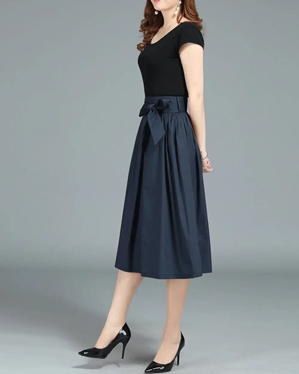 Everyday Belted Cotton A Line Midi Skirt