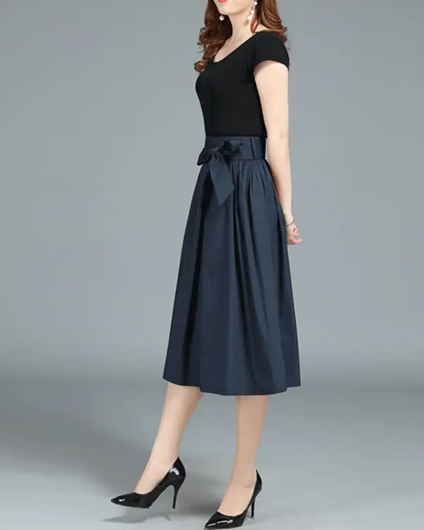 Everyday Belted Cotton A Line Midi Skirt