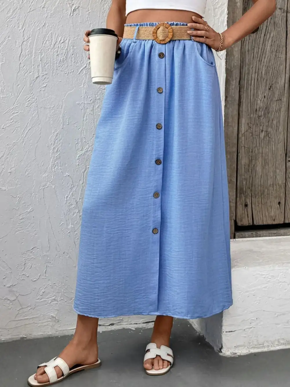 Button Front Decor Midi Skirt