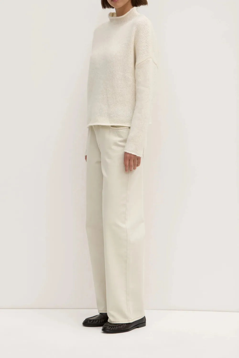 Loose Knit Sweater With Shoulder Drop And Stand Up Collar