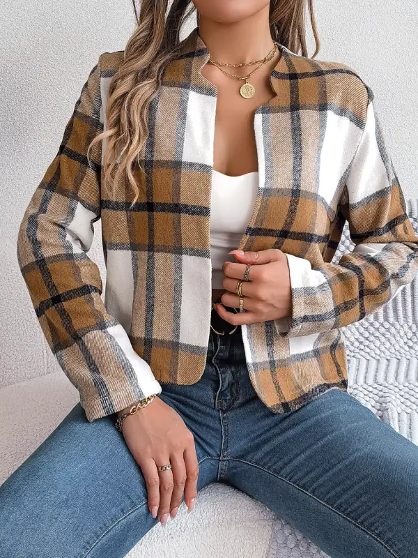 Plaid Open-front Long-sleeve Jacket