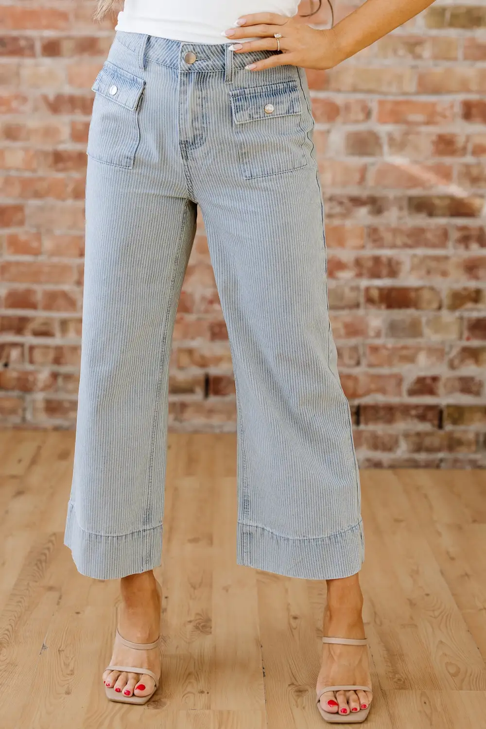 Stripe Button Flap Pocket Cuffed Hem Wide Leg Jeans