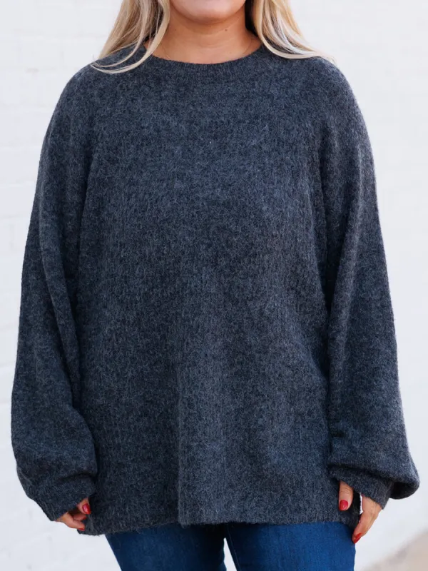 Dark Gray Lantern Sleeved Loose Knit Sweater