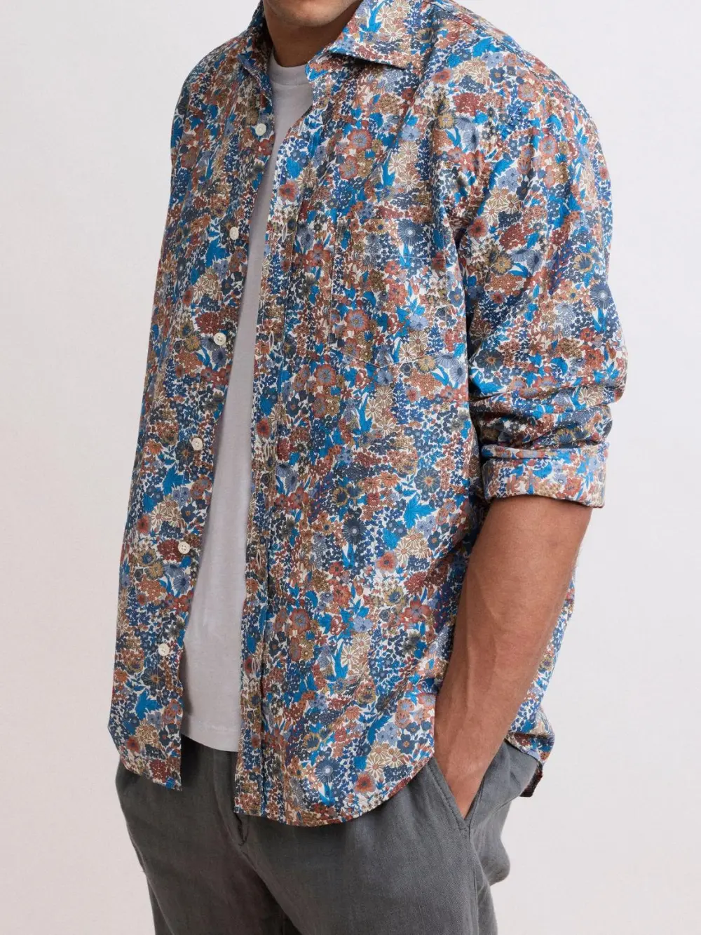 Soft And Comfortable Simple Blue Plant Print Shirt