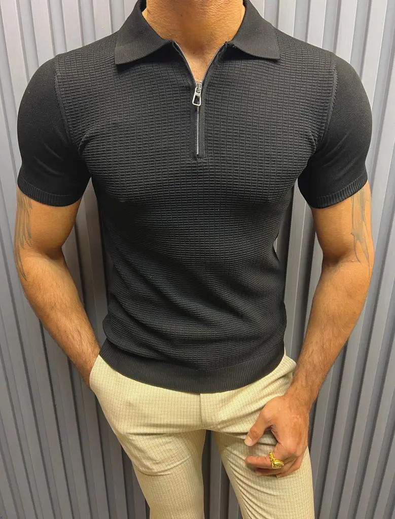 Zip Detailed Polo Neck T-shirt -  Black