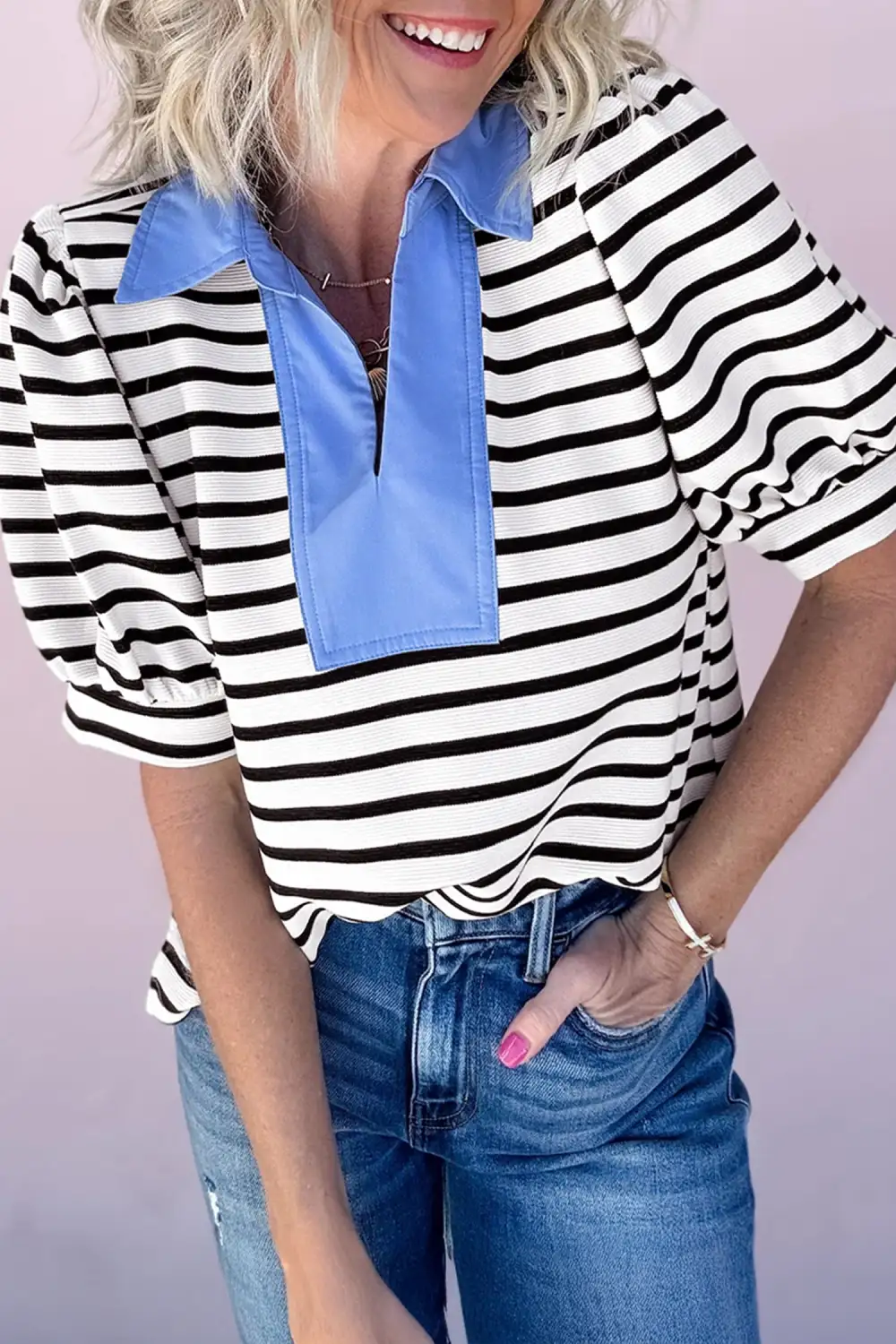 Black Stripe Short Puff Sleeve Color Block Polo Collar Blouse
