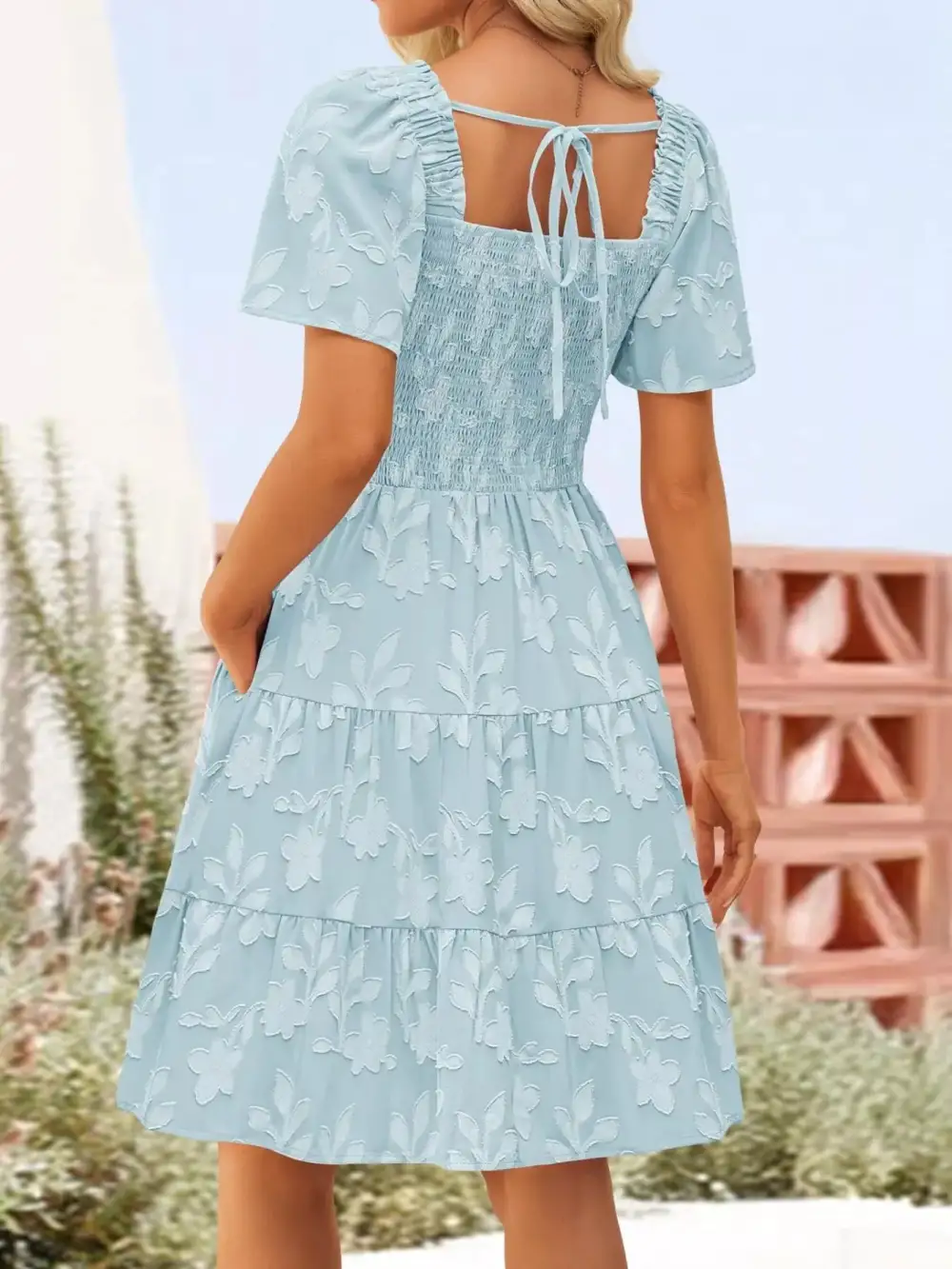 Square Neck Tiered Smocked Mini Dress