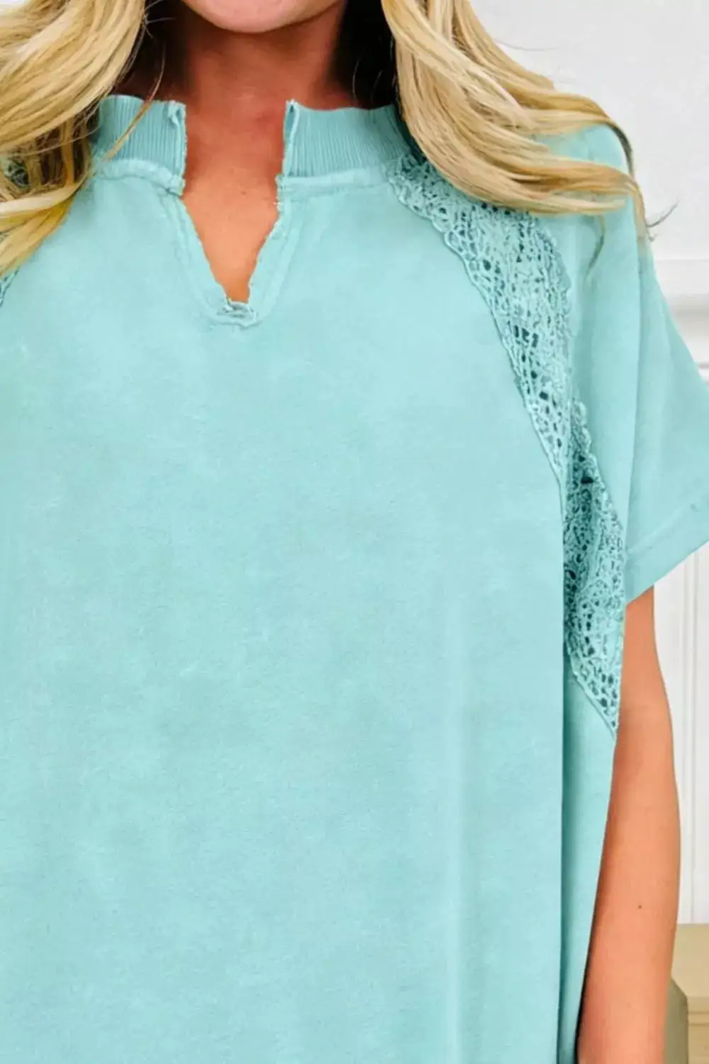 Notched Neck Lace Patchwork Detail Mineral Wash Tee