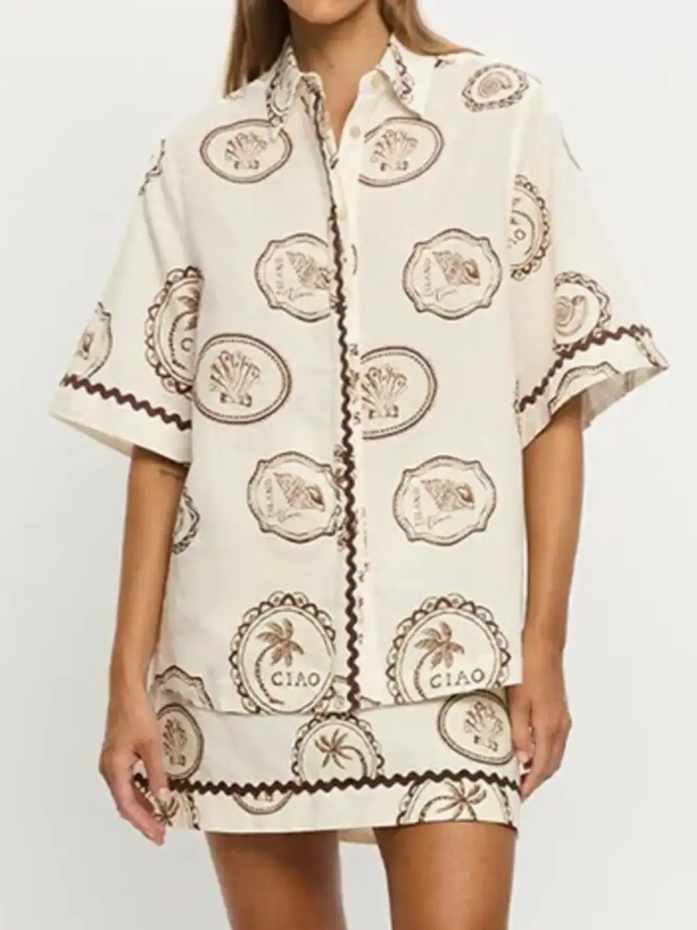 Fluid Button Front Printed Detail Coordinated Set