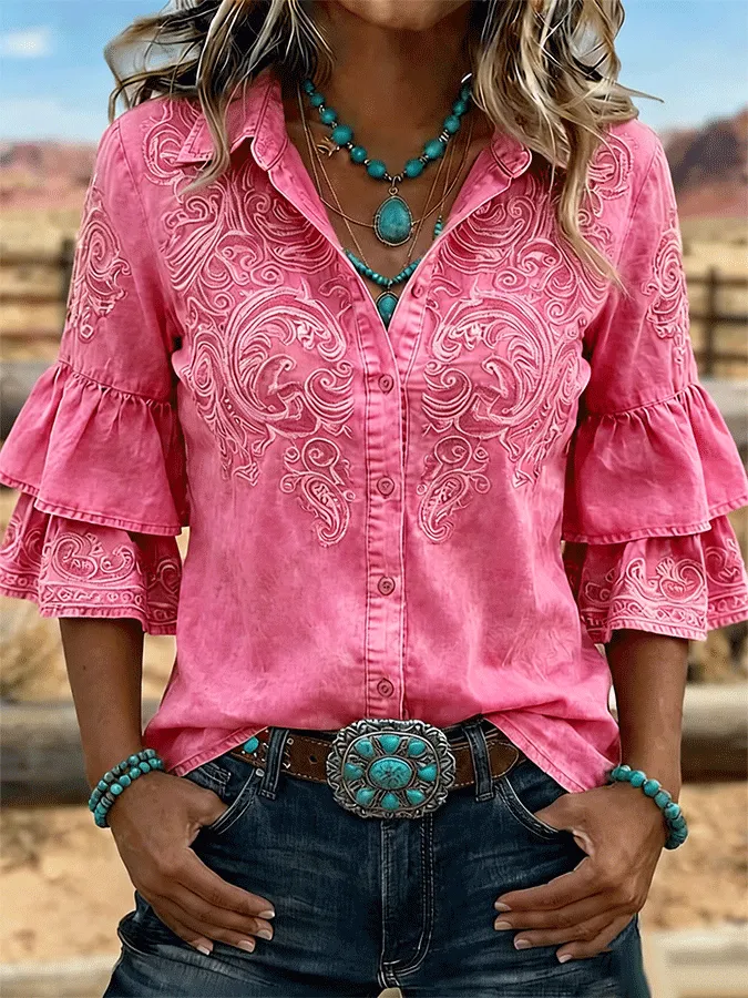 Women's Vintage Floral Print Casual Ruffle Lapel Shirt
