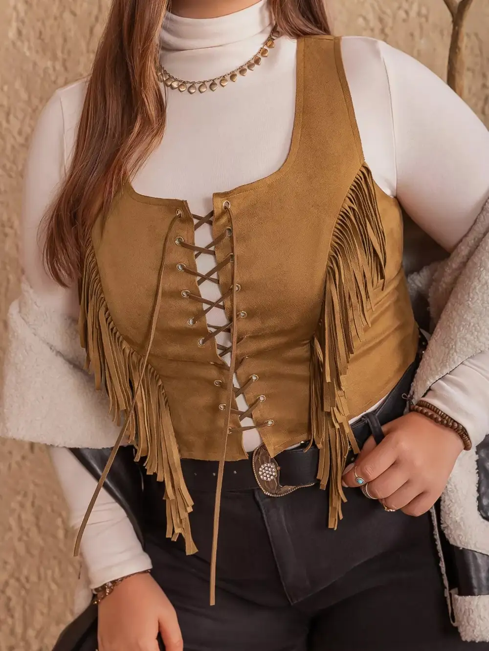 Plus Size Fringed Lace-Up Suede