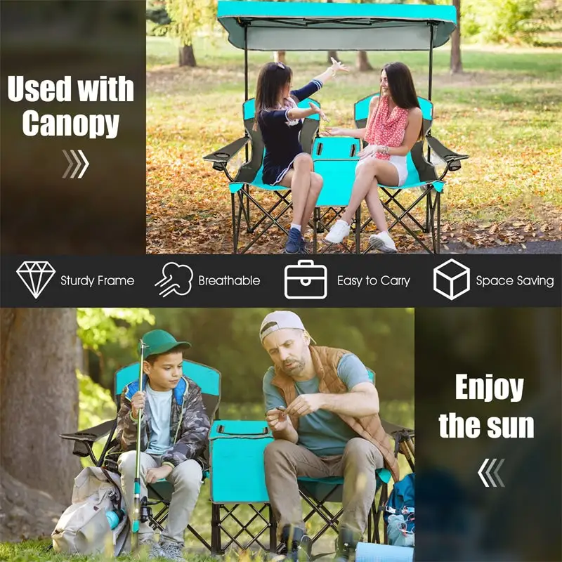 Folding Double Camping Chairs with Shade Canopy Portable Beach Chairs with Cup Holder