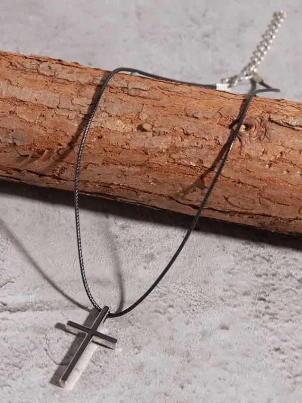 Daily Casual Black Cross Leather Rope Pendant Necklace Daily Dress Versatile Jewelry