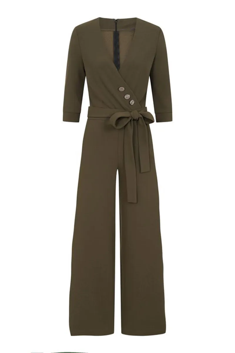 Casual Style Khaki Jumpsuit With Buttons