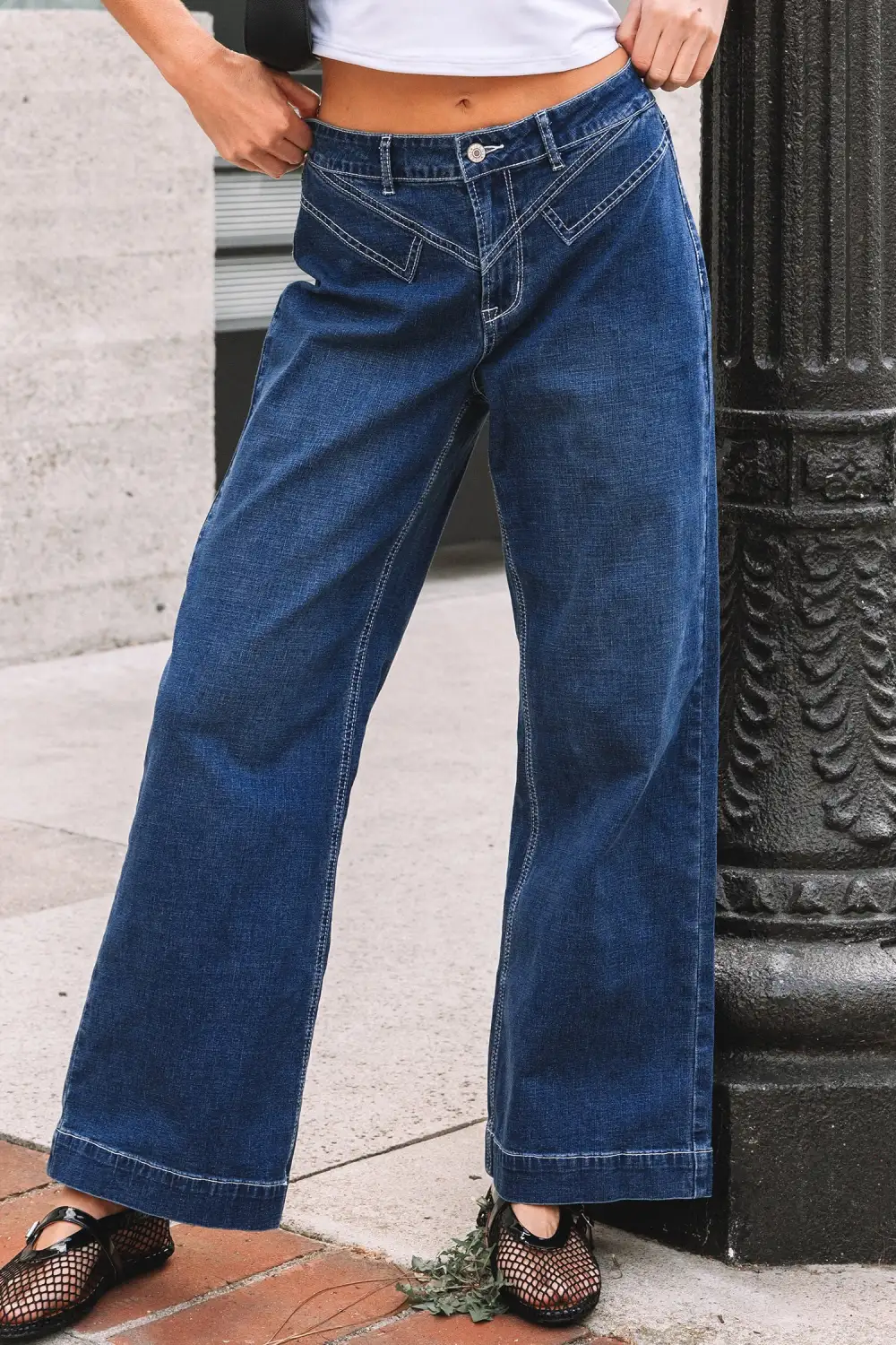 Loose Cuffed Stitched Waist Detail Jeans