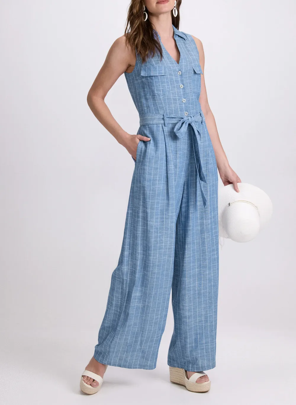 V-Neck Blue Striped Jumpsuit