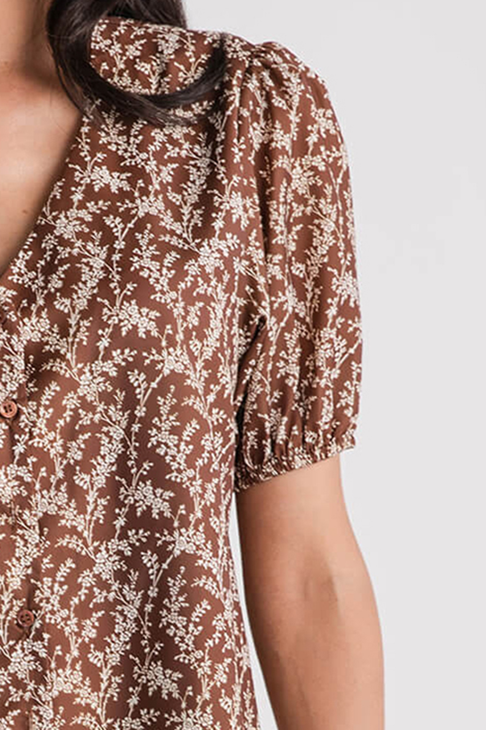 Wishlist Floral Puff Sleeve Blouse - coffee/ivory