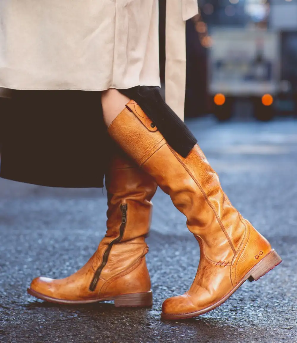 Women's Wide Calf Equestrian Lug Sole Leather Knee High Boots