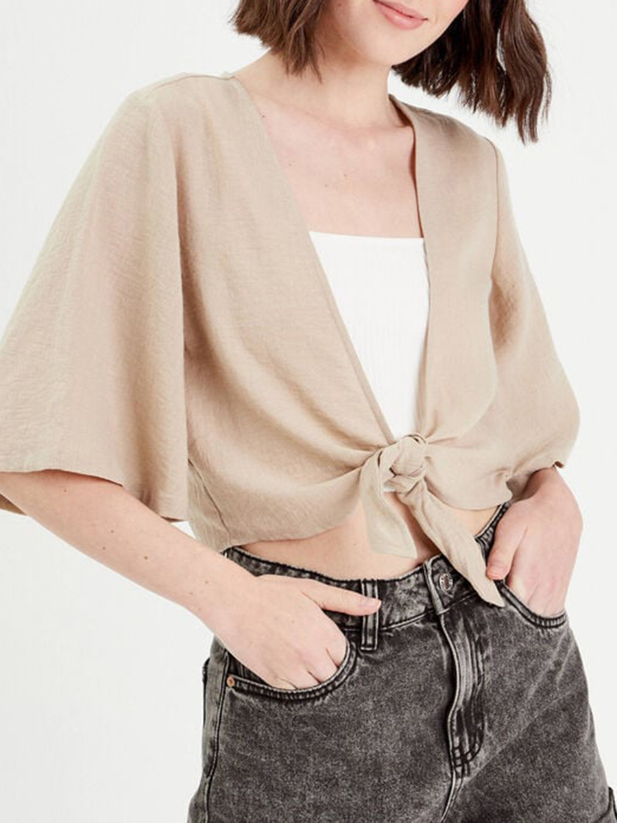 Blouse manches 3/4 nouée beige femme