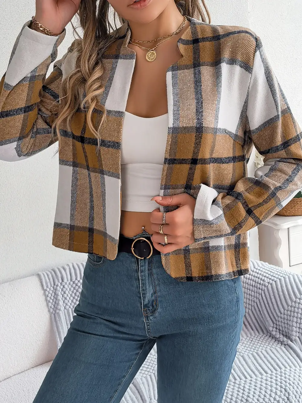 Plaid Open-front Long-sleeve Jacket