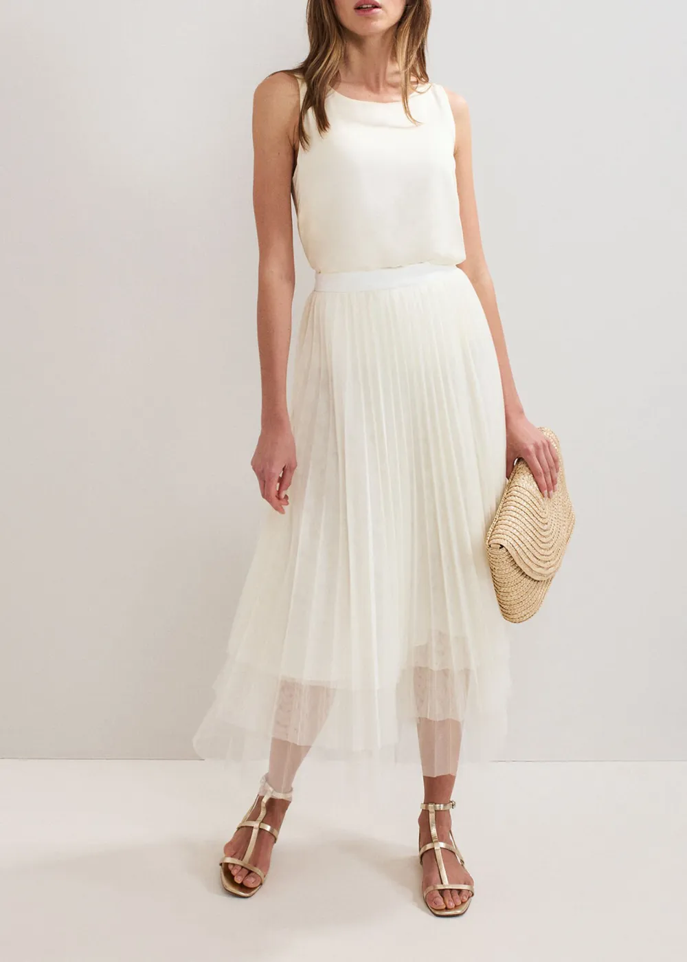 Solid-Color Pleated Net Skirt