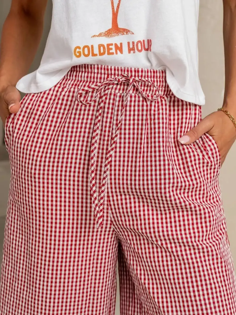 Gingham Print Wide Leg Pants