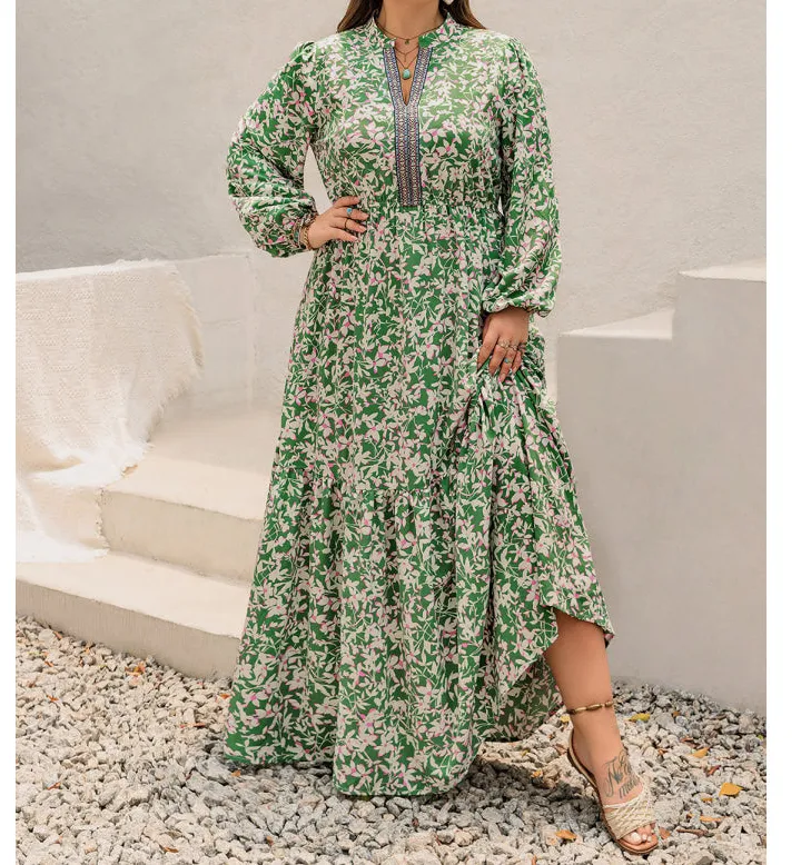 Plus Size Printed Notched Long Sleeve Maxi Dress