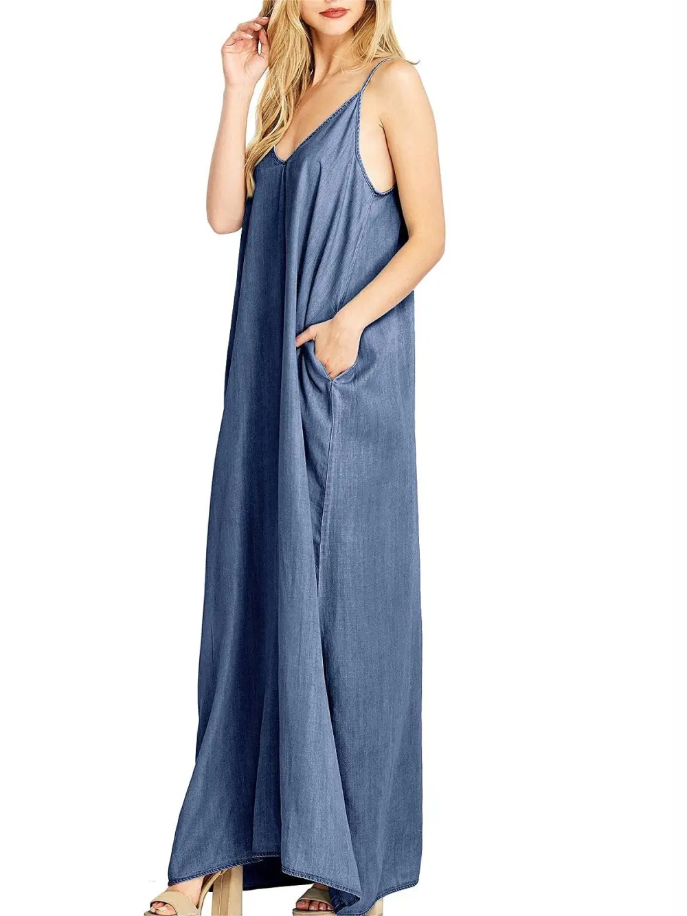 Navy Blue Pocketed Spaghetti - Strap Dress