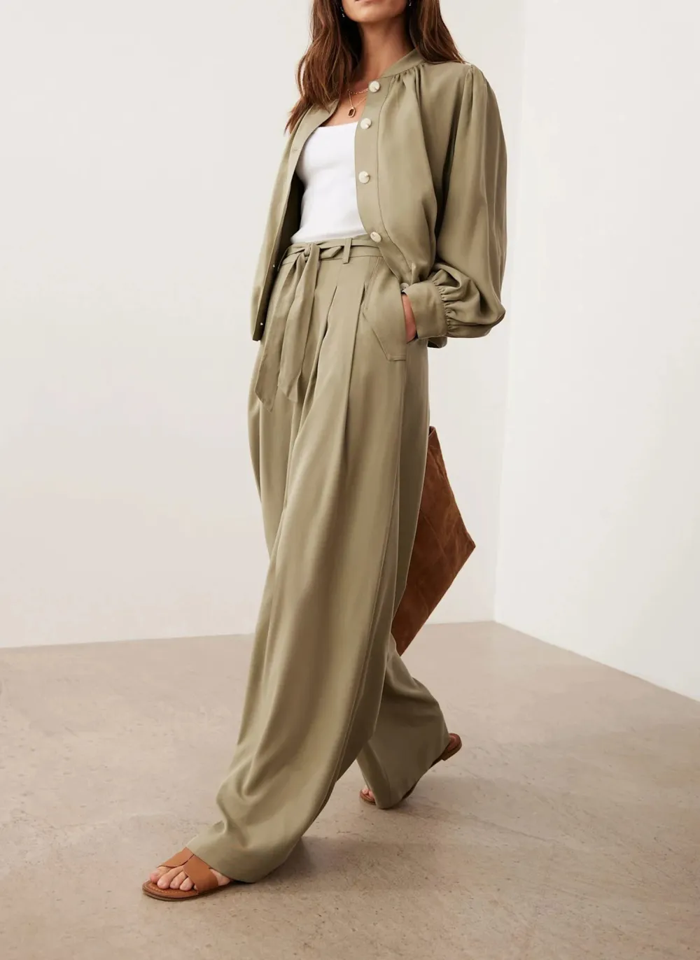 Casual Style Khaki Belted Wide Leg Trousers