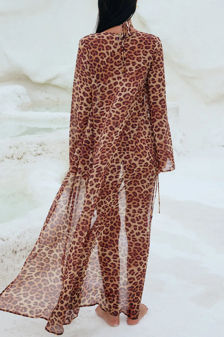 Long Leopard Print Micro-Sheer Swimsuit