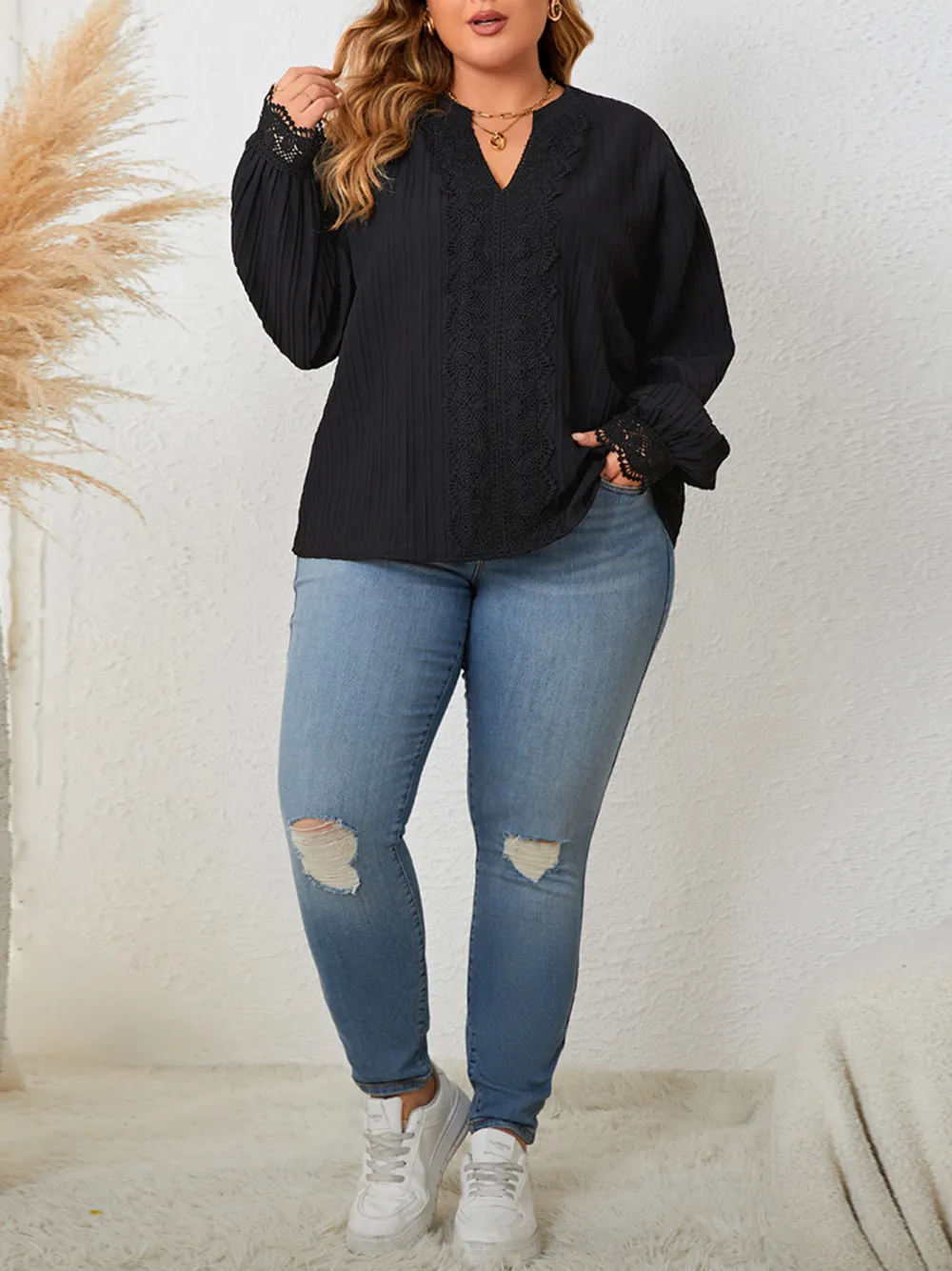 Solid Color V Neck Loose Casual Long Sleeved Plus Size Women Clothing