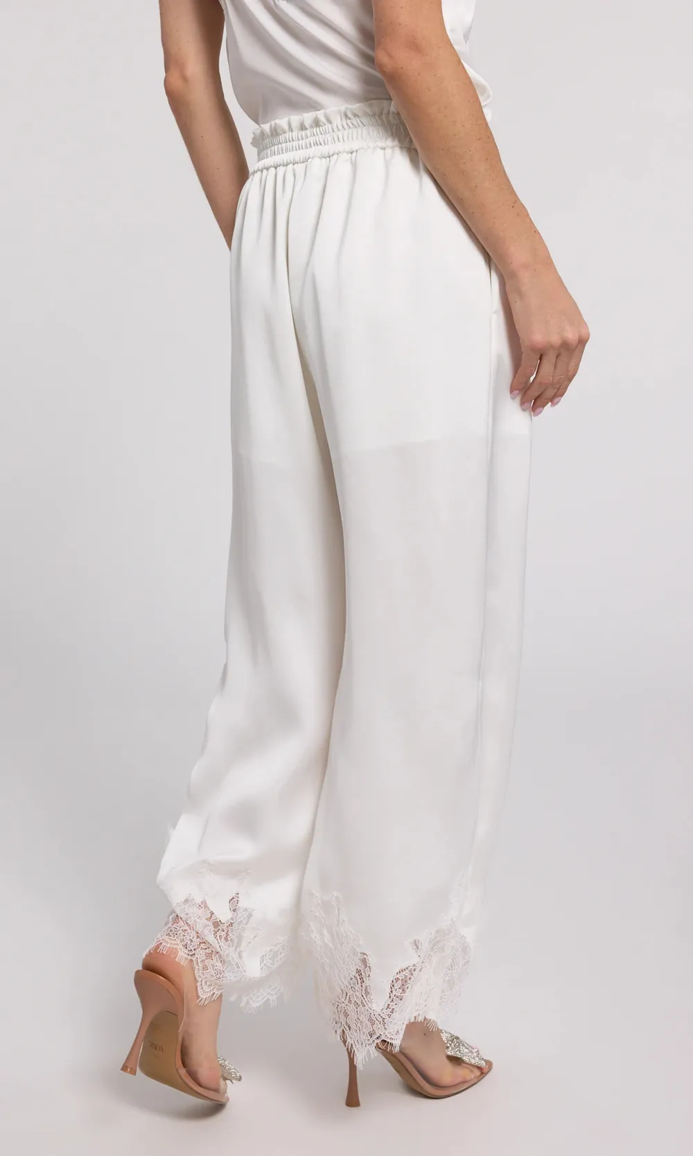White Lace Panel Satin Pants