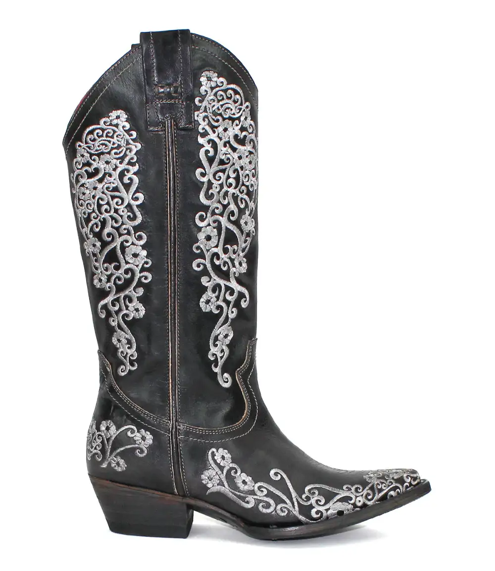 Floral-Stitched Slip-On Western Boots