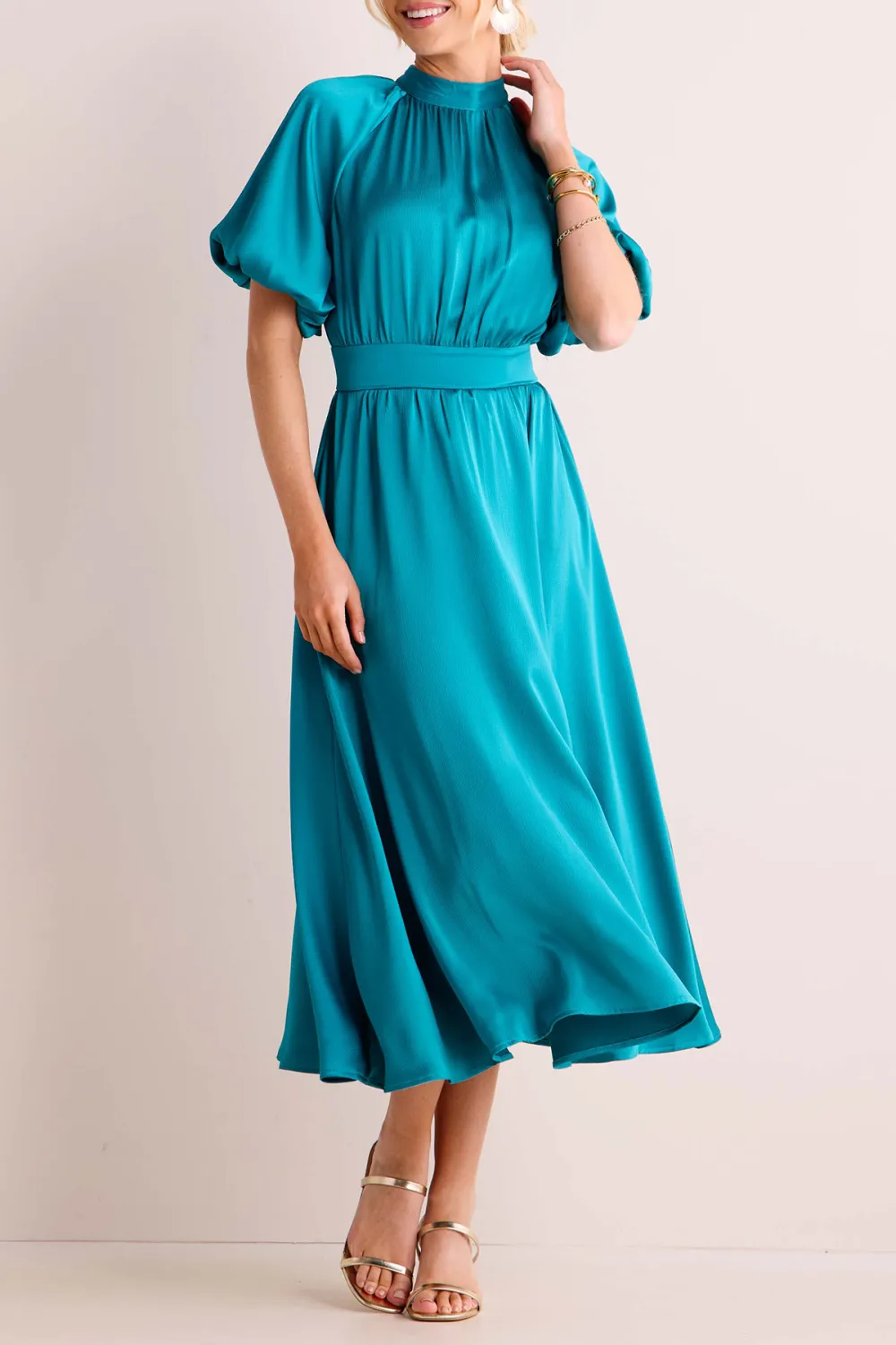 Turquoise Short Sleeve Tie-Waist Midi Dress
