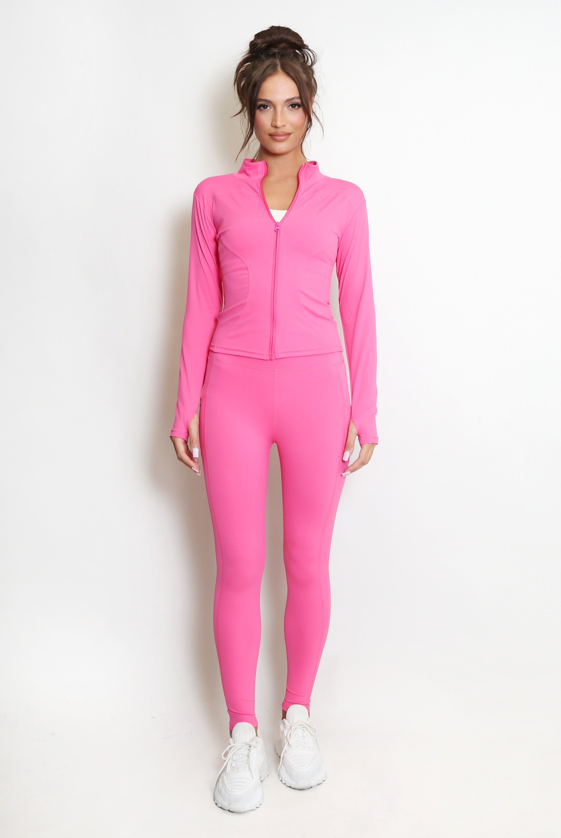 Neon Pink Zip Long Sleeve Top And Legging Energy Gym Set - Sadie