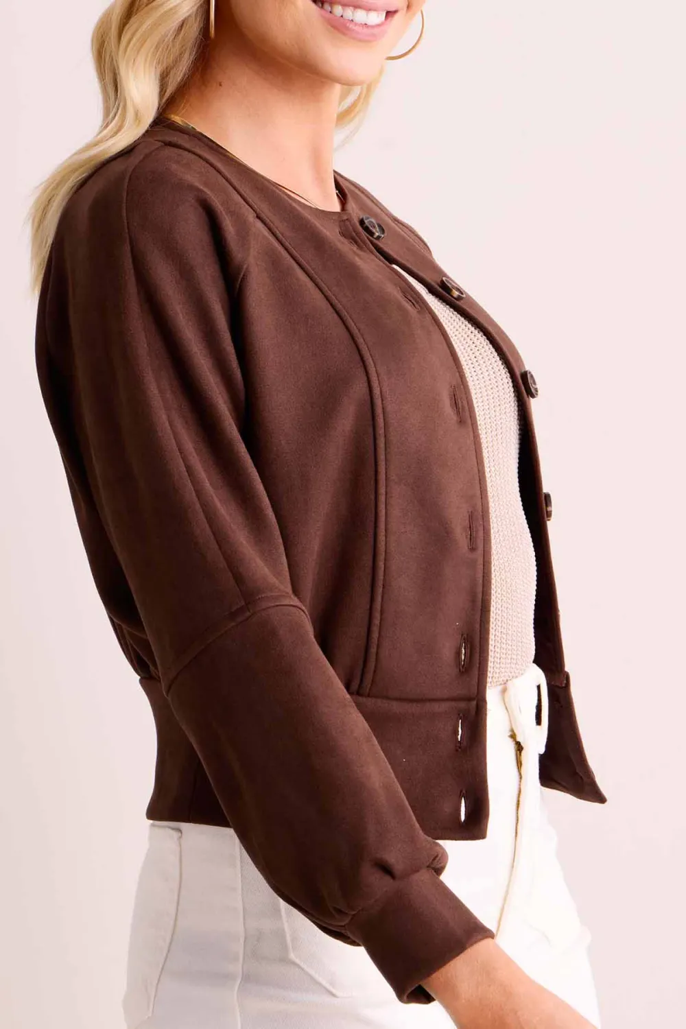 Chocolate Brown Button-Front Cropped Jacket