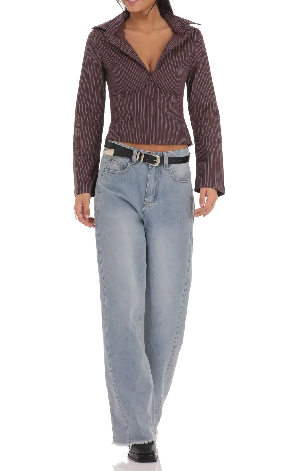 Pinstripe Button-Up Shirt in Brown