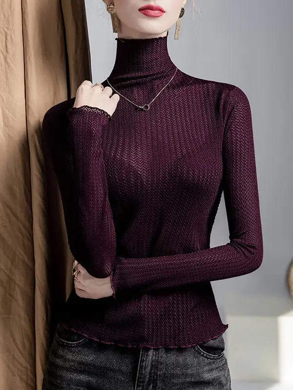 Long Sleeve Curve Fit Mesh Sheer Slightly Sheer Panel Detail High Neck T-Shirt