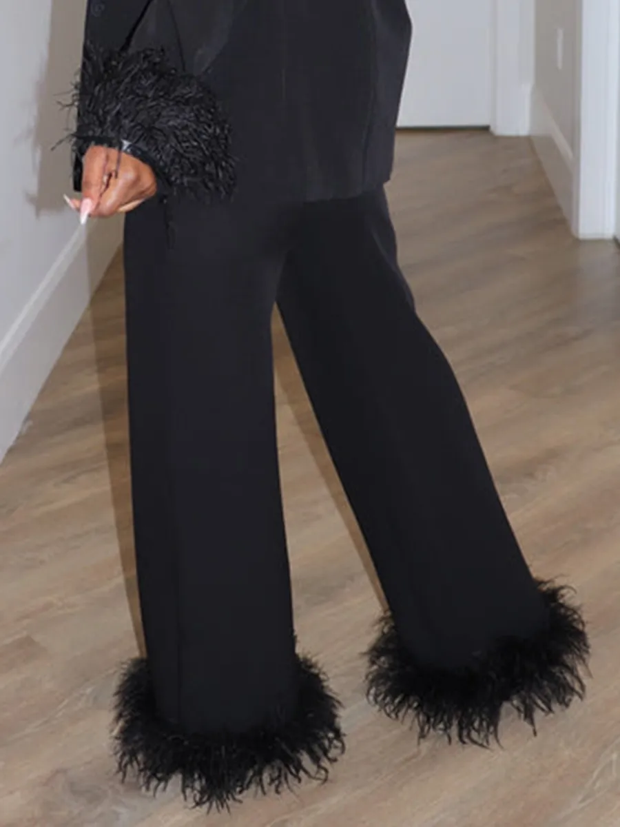 Black Feather Decorated Suit Pants Set