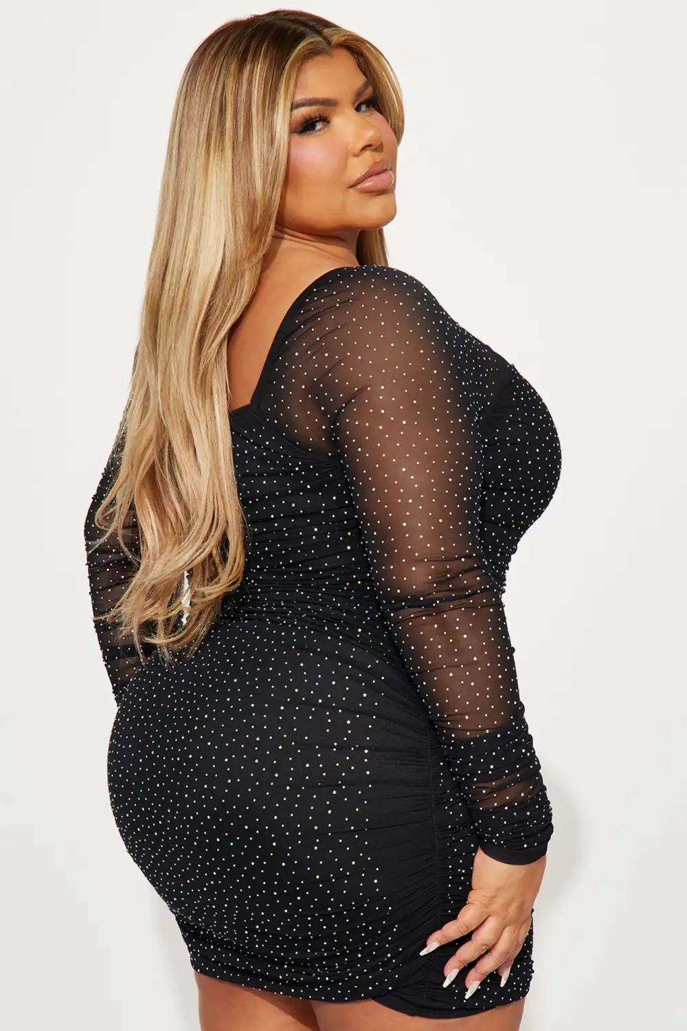 Tabby Rhinestone Mesh Mini Dress - Black