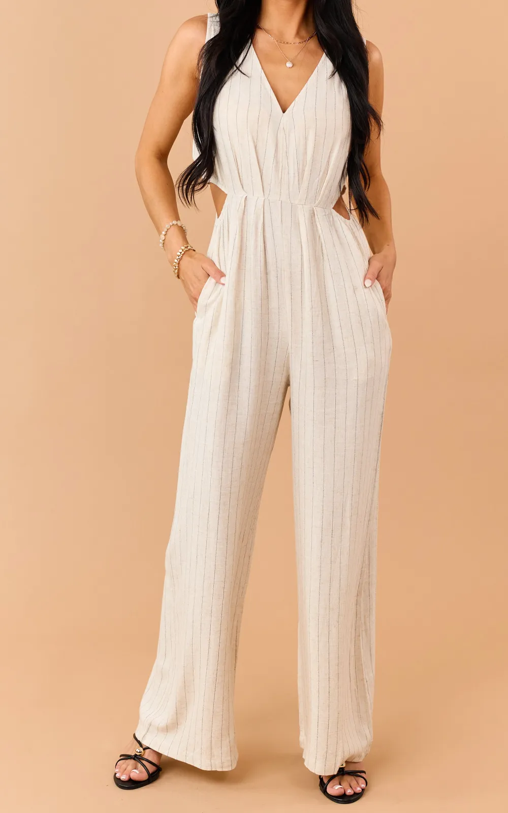Almond Pinstripe Linen Blend Side Cut