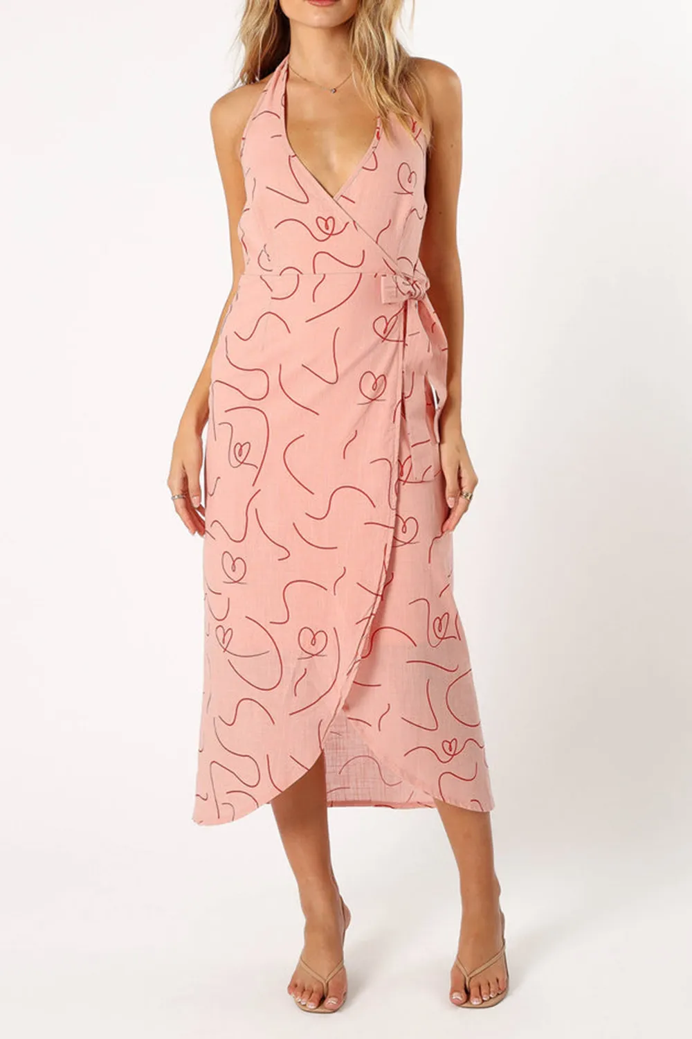 STRIPED PRINT WRAP MIDI  DRESS