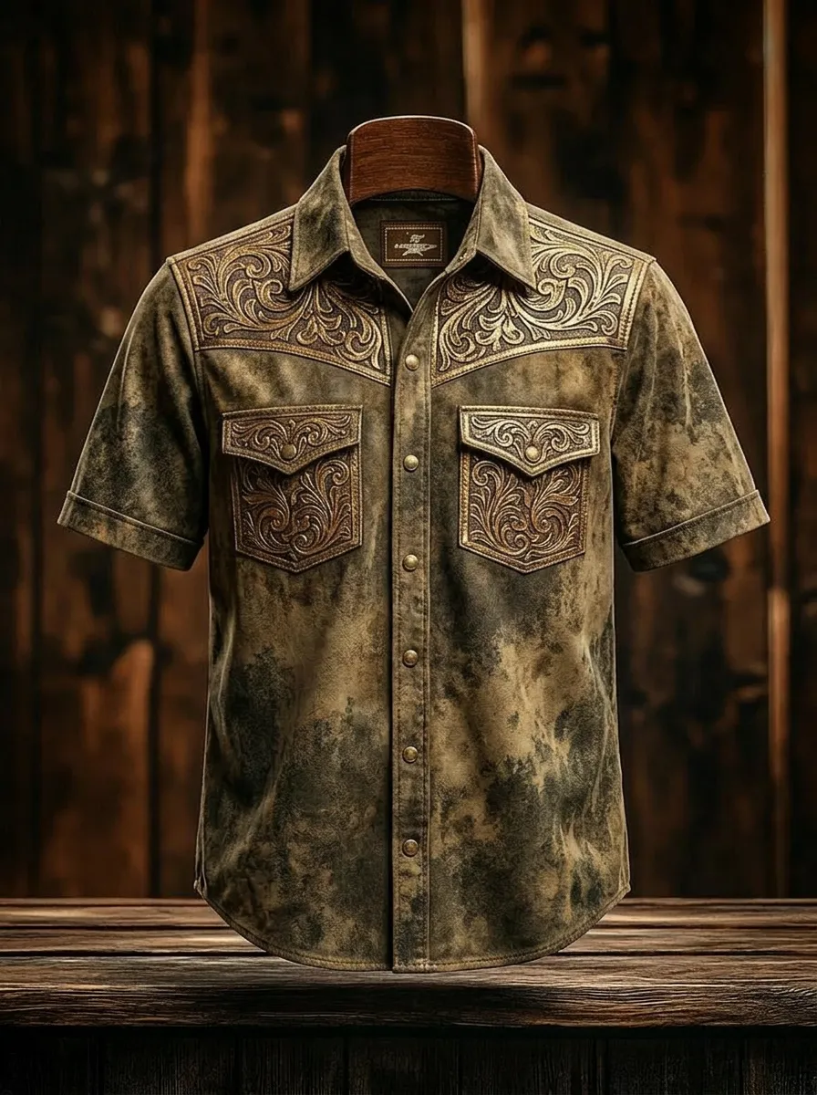 Men's Western Cowboy Tooled Leather Pattern Printed Shirt-3