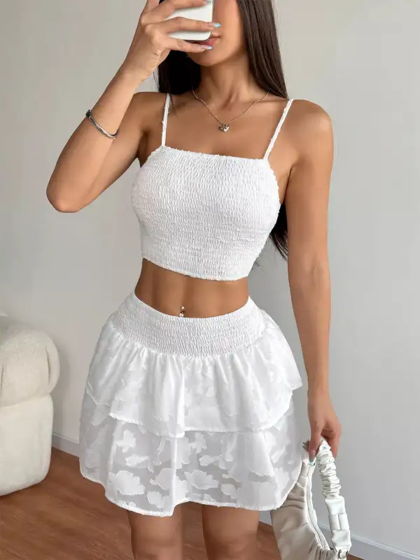 Draped Cropped Smocked Detail Coordinated Set