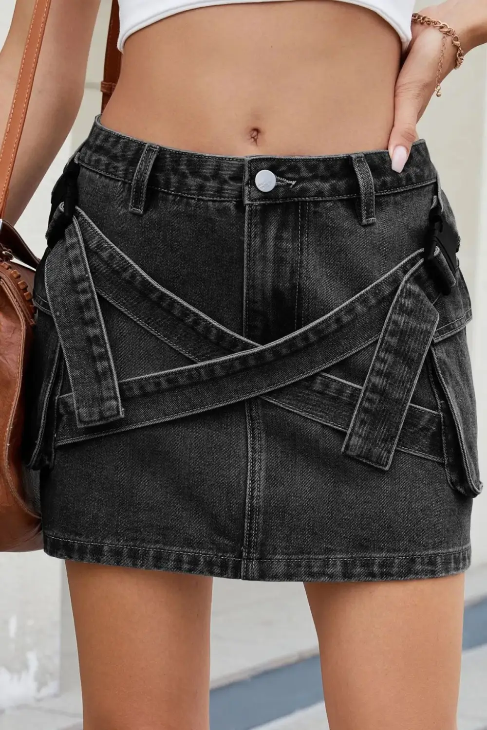 Criss Waist Detail Denim Skirt